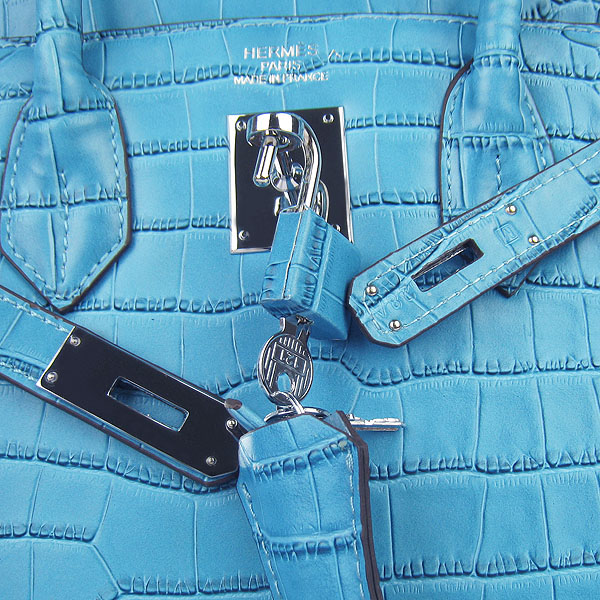 Replica Hermes Birkin 30CM Crocodile Veins Bag Blue 6088 On Sale